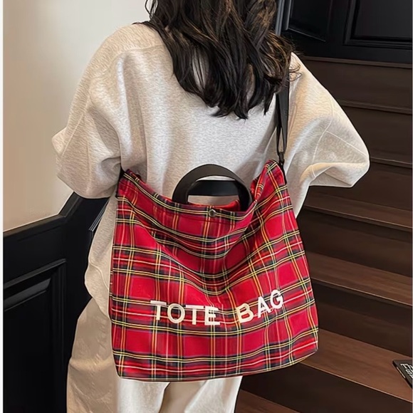 Handbags - Classic Red Tartan Plaid Canvas Tote Bag.